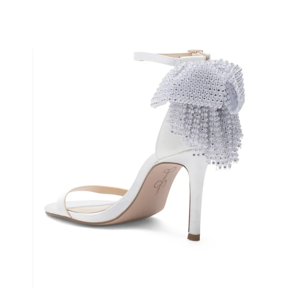 White Satin Heels Jessica Simpson Jeweled Bow Stiletto‎ Size 8.5 NWT - Picture 2 of 2